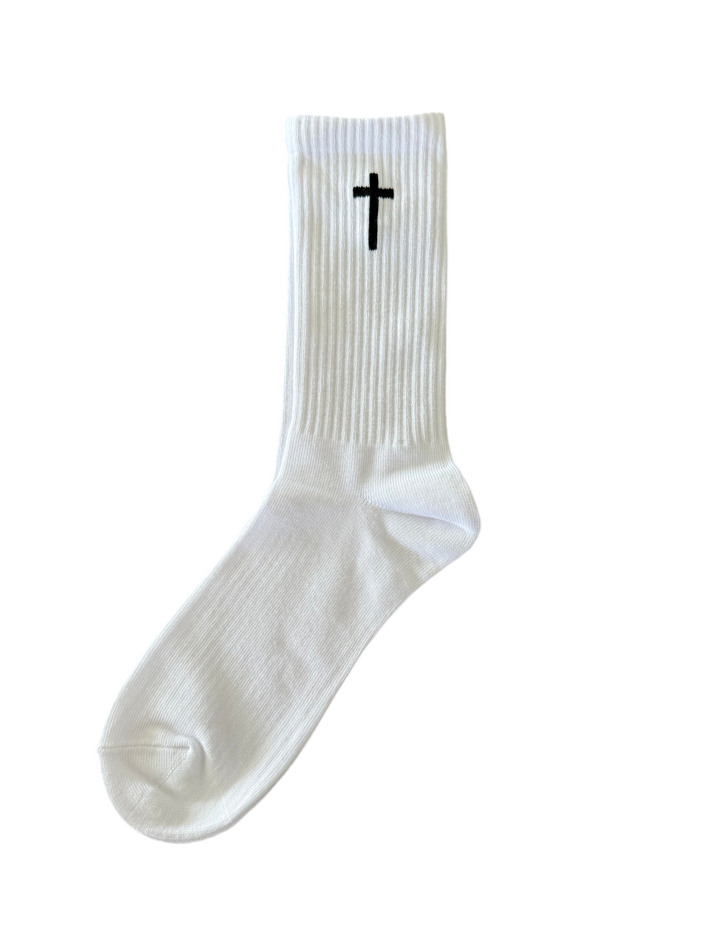 White sock with a black cross on a white background
