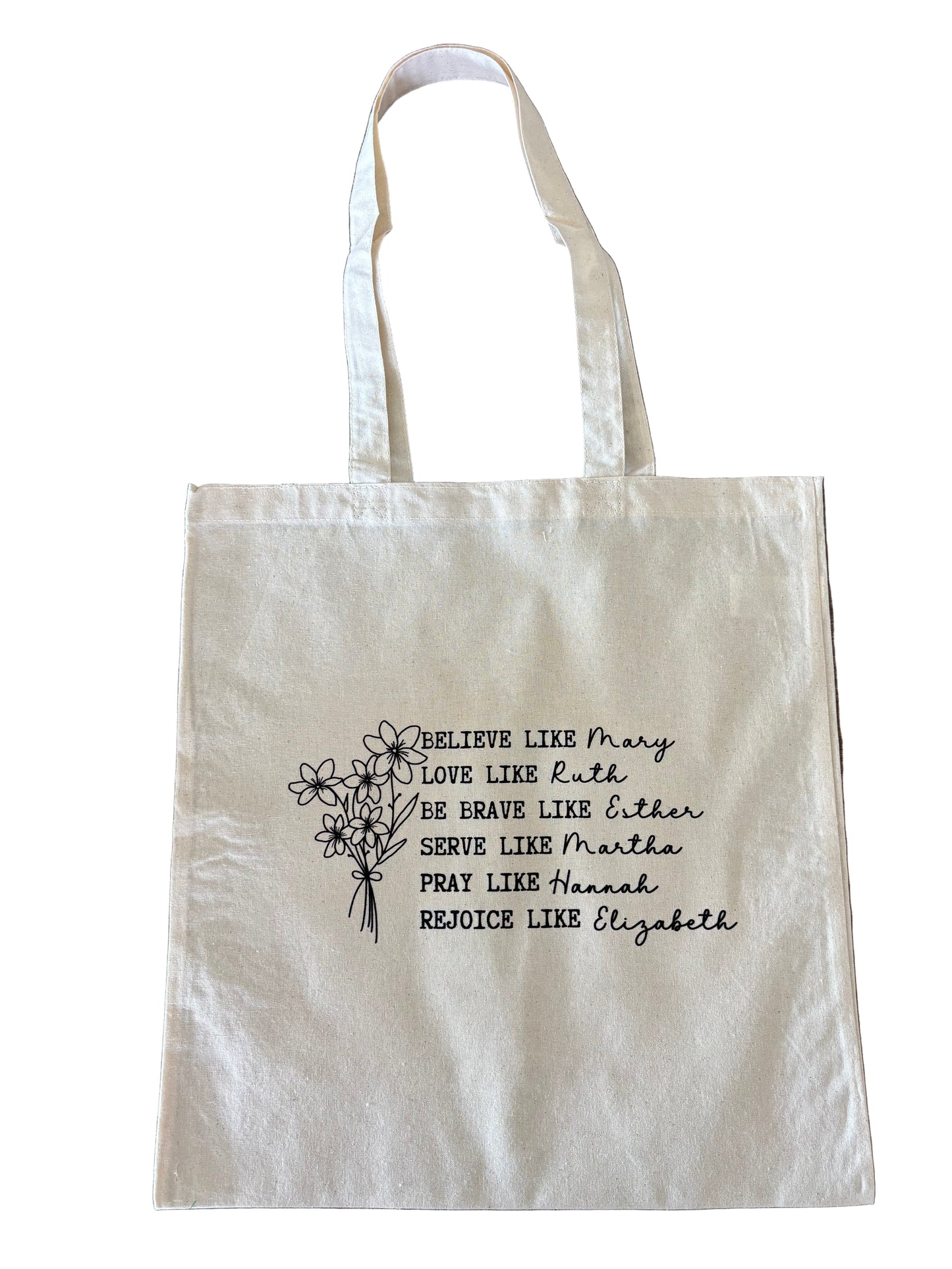 canvas tote bag with strong women from the bible, Mary, ruth, ester, Martha, Hannah, and Elizabeth