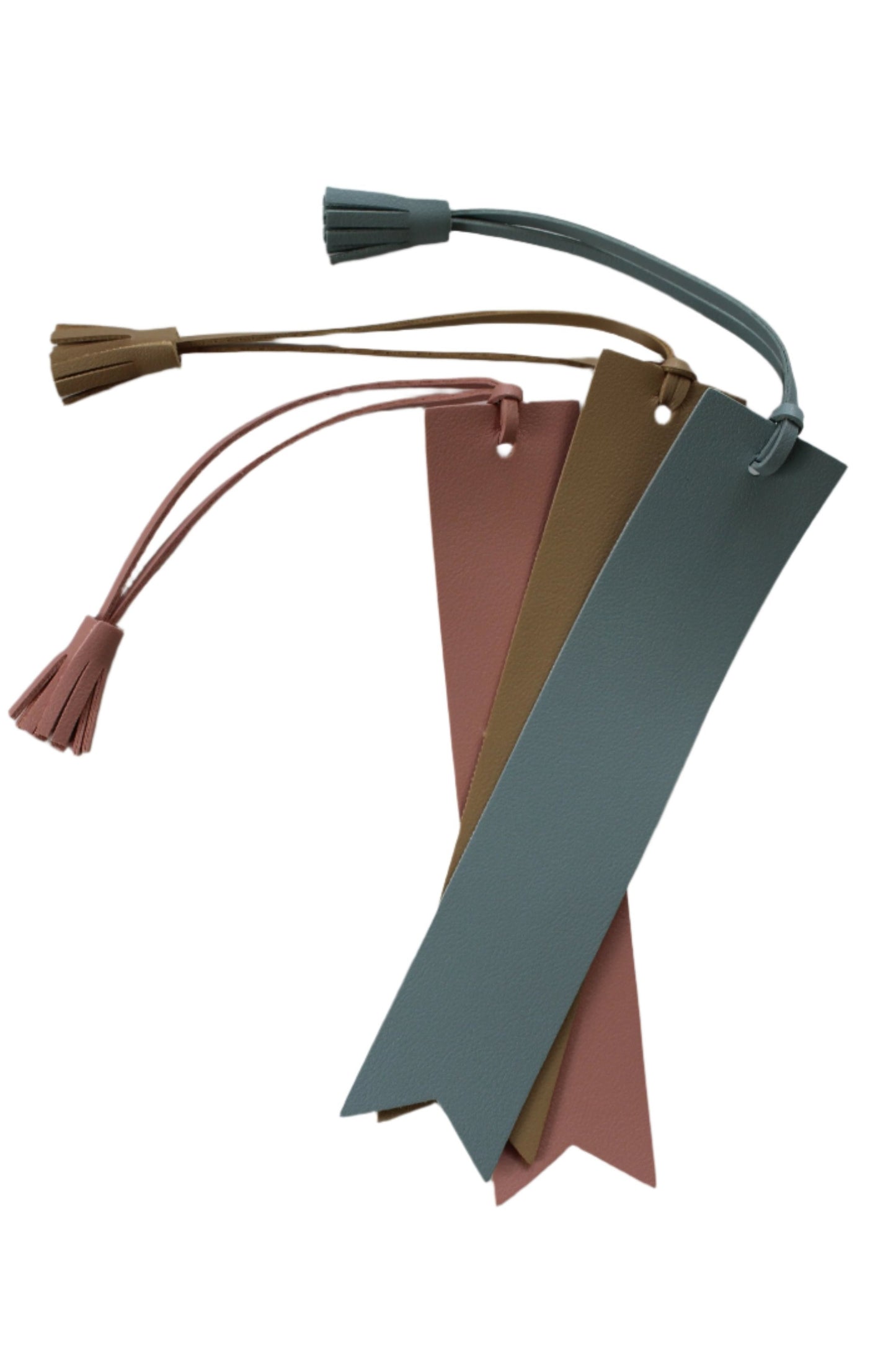 pink, tan, blue leather bookmarks