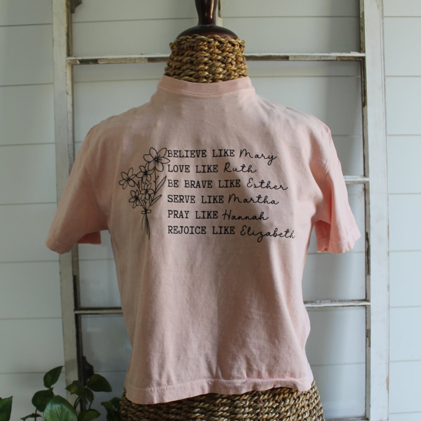 peachy boxy comfort colors tee with strong women from the bible referenced on it