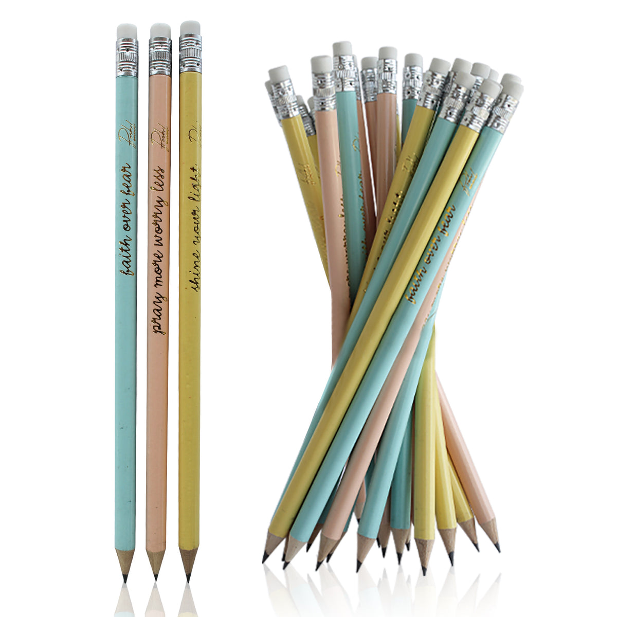A collection of wooden pencils in pastel colors with erasers, featuring written faith quotes on them.