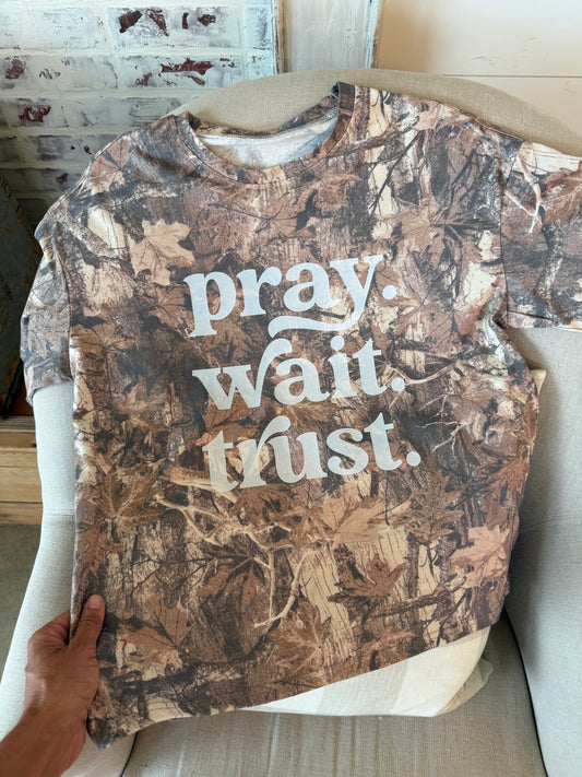 PRE-ORDER - Pray. Wait. Trust Oversized Camo Tee