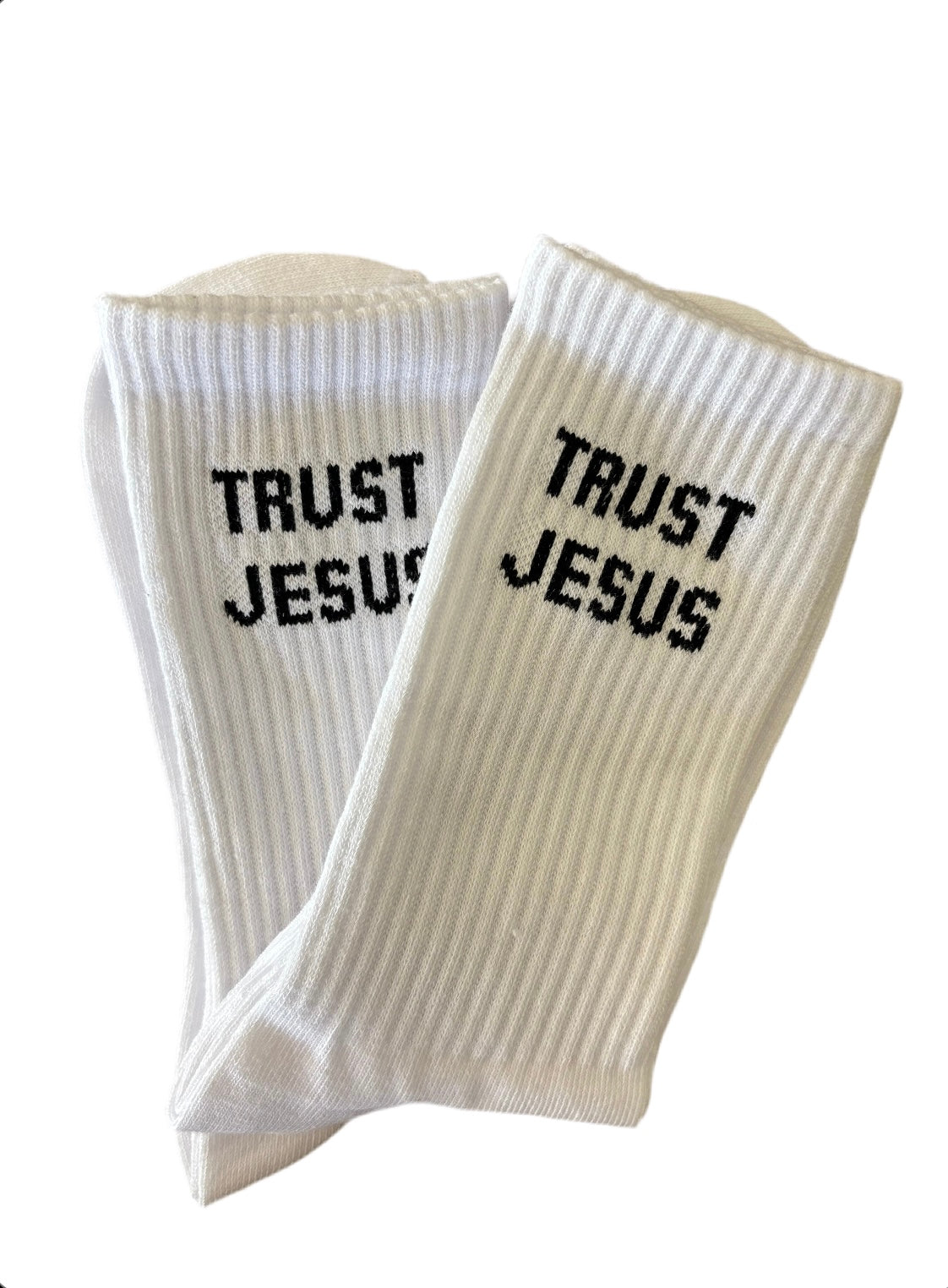 White socks with 'Trust Jesus' text on a white background